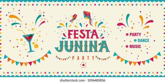 Festa junina party design. Vector background with fireworks and garland. Vector illustration. For poster, card, web, invitation.