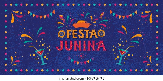 Festa junina party design. Vector background with fireworks and garland. Vector illustration. For poster, card, web, invitation.