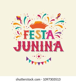 Festa junina party design. Vector background with fireworks and garland. Vector illustration. For poster, card, web, invitation.