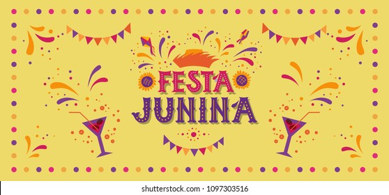 Festa junina party design. Vector background with fireworks and garland. Vector illustration. For poster, card, web, invitation.