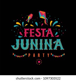 Festa junina party design. Vector background with fireworks and garland. Vector illustration. For poster, card, web, invitation