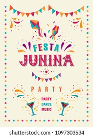 Festa junina party design. Vector background with fireworks and garland. Vector illustration. For poster, card, web, invitation