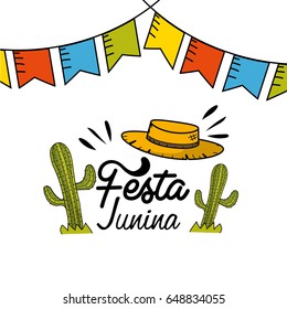 festa junina with party flags, cactuses and hat