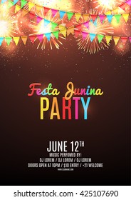 Festa junina party flyer. Beautiful vector background with fireworks and with a garland from flags and confetti. Vector illustration.