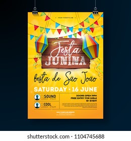 Festa Junina Party Flyer Illustration with typography design on vintage wood board. Flags and Paper Lantern on Yellow Background. Vector Brazil June Festival Design for Invitation or Holiday