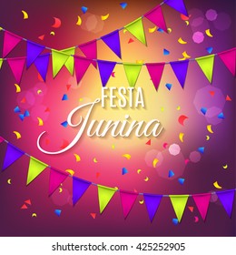 Festa Junina party greeting design with garland and explosion of colored confetti. Vector illustration EPS10