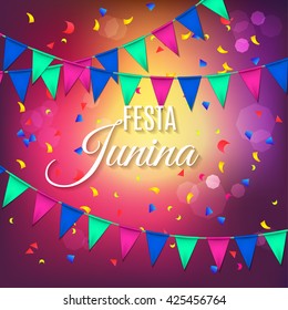 Festa Junina party greeting design with garland and explosion of colored confetti. Vector illustration EPS10