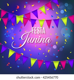 Festa Junina party greeting design with garland and explosion of colored confetti. Vector illustration EPS10