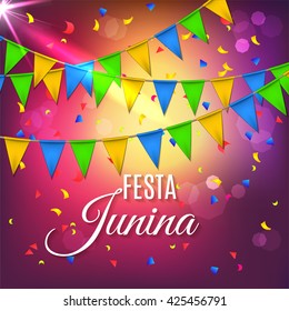 Festa Junina party greeting design with garland and explosion of colored confetti. Vector illustration EPS10