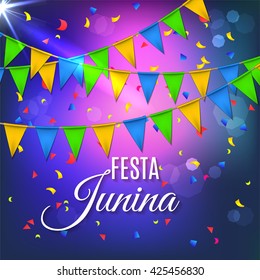 Festa Junina party greeting design with garland and explosion of colored confetti. Vector illustration EPS10