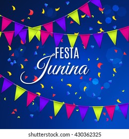 Festa Junina party greeting design with garland and explosion of colored confetti. Vector illustration EPS10