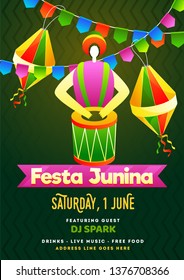 Festa Junina party invitation card design with Brazilian man playing drum instrument on green background with event details.