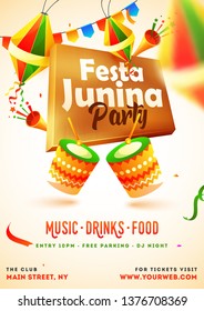 Festa Junina Party invitation card design with illustration of drum, party popper and lanterns decorated shiny background with event details.