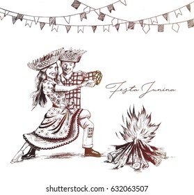 Festa Junina party poster, Hand Drawn Sketch Vector illustration.