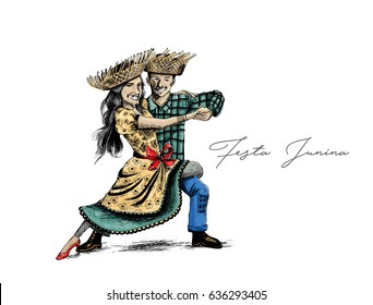 Festa Junina party poster, Hand Drawn Sketch Vector illustration.