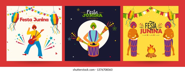 Festa Junina party poster or template design set with Brazilian men playing music instrument illustration.