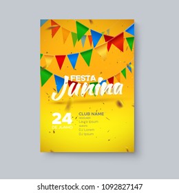 Festa Junina party poster. Vector holiday illustration. 3d text and bunting flags on yellow and orange background with confetti tinsel. Brazilian or Portuguese festive event. Party invitation poster