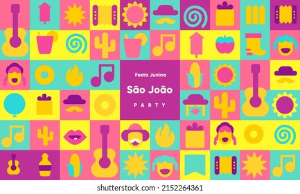 Festa Junina. Pattern. Vector illustrations. Music Festival. Simple, minimalist icons. Festive banner, poster, cover. 