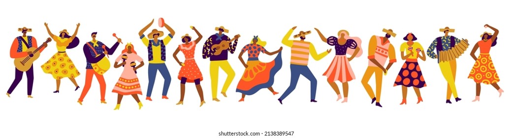 Festa Junina people. Traditional holiday. Brazilian and Latin country day. Folk fest. Musical party. Dancers and musicians. Men and women in colorful clothes. Vector