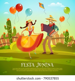 Festa junina picturesque vector illustration in cartoon style with latin couple  in national costumes dancing on rustic background 