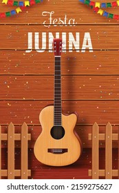 festa junina post template design with wooden background and guitar illustration