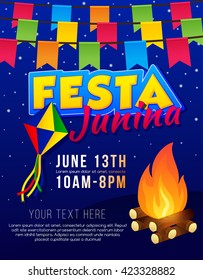 Festa Junina poster with bonfire and flags, brazilian june party, latin American holiday background.