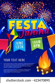 Festa Junina poster with bonfire and flags, brazilian june party, latin American holiday background.