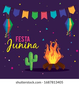 festa junina poster with bonfire and icons traditional vector illustration design