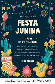 Festa Junina Poster Brazil June Festival. Folklore Holiday. Guitar Accordion Cactus Summer Sunflower Campfire - Ready to Print - Vector Illustration - Vector