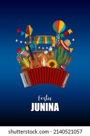 "Festa junina" poster. Brazilian june festival background with colorful pennants, lanterns and other elements