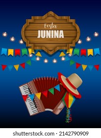 "festa junina" poster. Brazilian june festival background with colorful pennants and brazilian elements