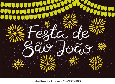 Festa Junina poster with bunting, fireworks, confetti, Portuguese text Festa de Sao Joao, on dark background. Hand drawn vector illustration. Flat style design. Concept for holiday banner, flyer.