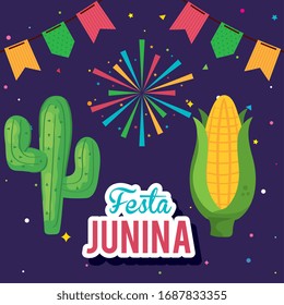 festa junina poster with cactus and icons traditional vector illustration design
