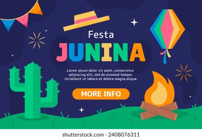 Festa Junina poster. Cactus near bonfire, colorful kite and sombrero. Landing page design. Traditional latino holiday and festival. Party and event. Cartoon flat vector illustration