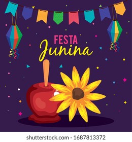 festes Junina-Poster mit Süßigkeiten aus Apfel und Sonnenblumen Vektorillustration