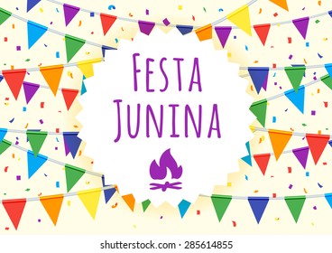 Festa Junina poster with colorful flags, and place for text.