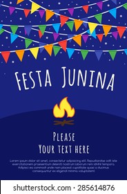 Festa Junina poster with colorful flags and bonfire.