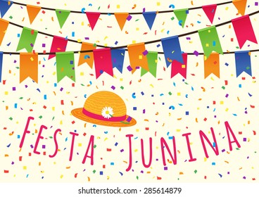 Festa Junina poster with colorful flags, confetti and hat.