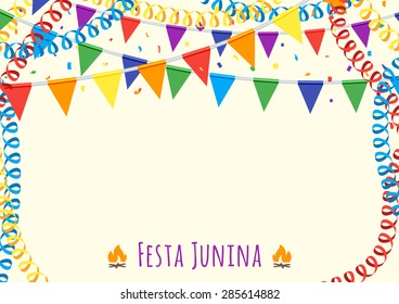 Festa Junina poster with colorful flags, serpentine and place for text.