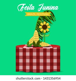 Festa junina poster with a corn and sunflower on a picnic table. Brazilian festival - Vector