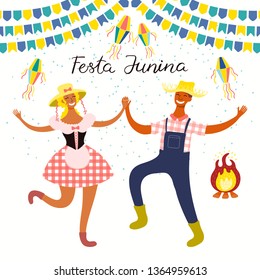 Festa Junina poster with dancing couple, lanterns, bunting, bonfire, Portuguese text. Isolated objects on white. Hand drawn vector illustration. Flat style design. Concept for holiday banner, flyer.