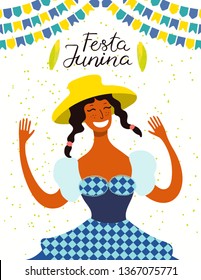 Festa Junina poster with a dancing girl in a straw hat, bunting, corn, Portuguese text. Hand drawn vector illustration. Flat style design. Concept for traditional Brazilian holiday banner, flyer.