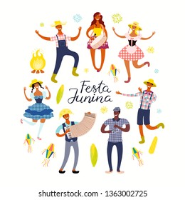 Festa Junina poster with dancing people, musicians, lanterns, Portuguese text. Isolated objects on white background. Hand drawn vector illustration. Flat style design. Concept holiday banner, flyer.