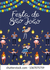 Festa Junina poster with dancing people, musicians, lanterns, bunting, bonfire, Portuguese text Festa de Sao Joao. Hand drawn vector illustration. Flat style design. Concept for holiday banner, flyer.