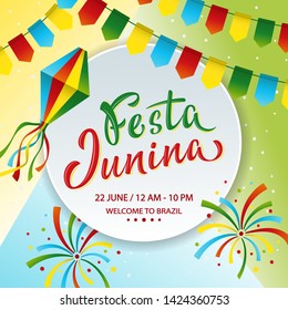 Festa Junina poster design. Lettering text June party in Brazilian. Brazil tradition harvest festival. Vector colorful template with festival fire, paper lantern and garland. 