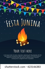 Festa Junina Poster With Flags And Bonfire, Brazilian June Party, Latin American Holiday Background.