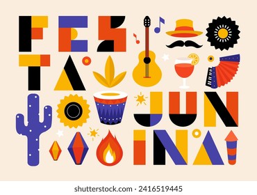 Festa junina poster with geometric pattern. Summer brazilian carnival banner with icons of music, lanterns, flowers, hats and flags. Geometric banner of june festival in Brazil, vector illustration