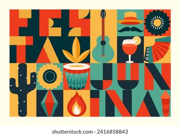 Festa junina poster with geometric pattern. Summer brazilian carnival banner with icons of music, lanterns, flowers, hats and flags. Geometric banner of june festival in Brazil, vector illustration