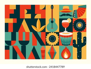 Festa junina poster with geometric pattern. Summer brazilian carnival banner with icons of music, lanterns, flowers, hats and flags. Geometric banner of june festival in Brazil, vector illustration