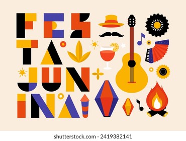 Festa junina poster with geometric pattern. Summer brazilian carnival banner with icons of music, lanterns, flowers, hats and flags. Geometric banner of june festival in Brazil, vector illustration